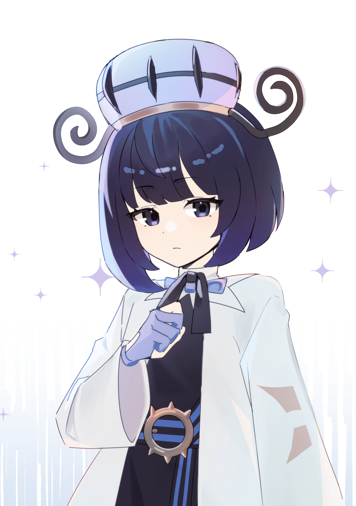 trisia 3, gwynn (pokemon), nintendo, pokemon, pokemon legends: z-a, commentary, highres, 1girl, black dress, black ribbon, closed mouth, coat, dress, eyelashes, gloves, grey eyes, hand up, hat, long sleeves, neck ribbon, open clothes, open coat, partially fingerless gloves, ribbon, solo, sparkle, upper body, white coat