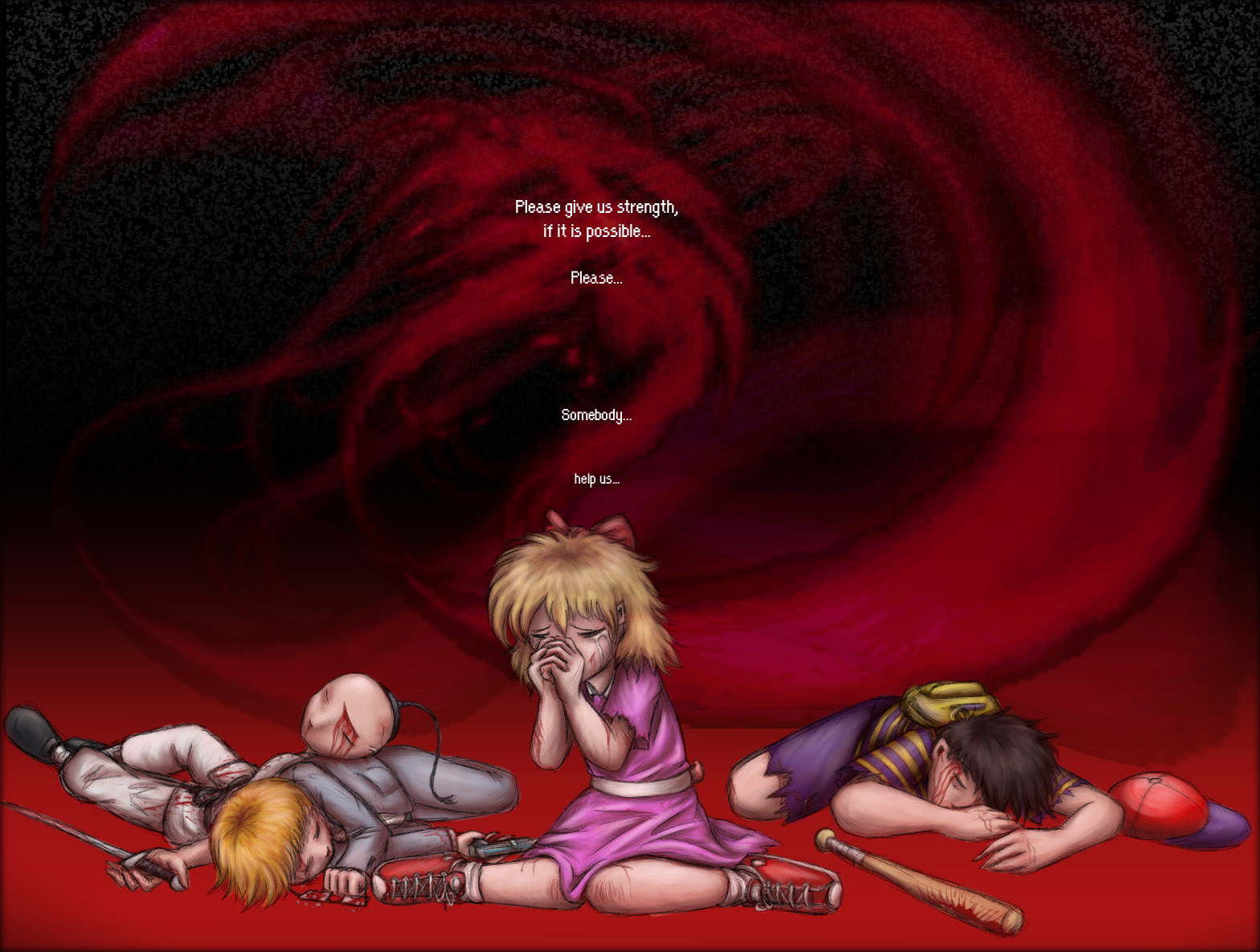 zarla, giygas, jeff andonuts, ness (mother 2), paula (mother 2), poo (mother 2), mother (series), mother 2, nintendo, spoilers, 1girl, 3boys, bad end, blood, child, english text, multiple boys
