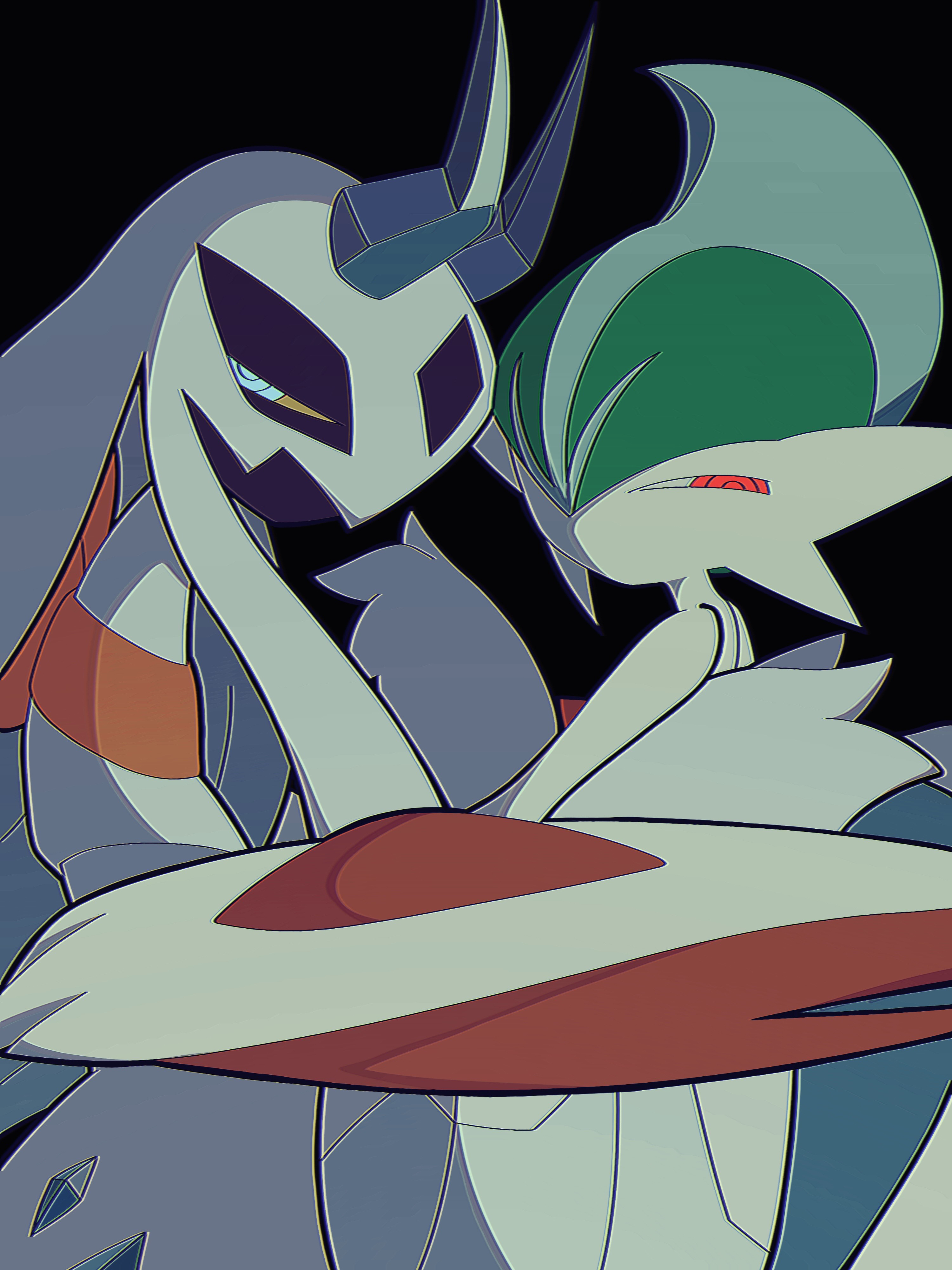 froslass, gallade, mega gallade, nintendo, pokemon, absurdres, highres, 2others, arm blade, black background, blue eyes, cape, colored skin, facing another, gen 4 pokemon, green hair, half-closed eyes, hand on another's back, leaning on person, looking back, looking to the side, mega pokemon, mohawk, multiple others, muted color, pokemon (creature), pokemon focus, red eyes, squinting, turning head, upper body, user jzvh4824, weapon, white cape, white skin