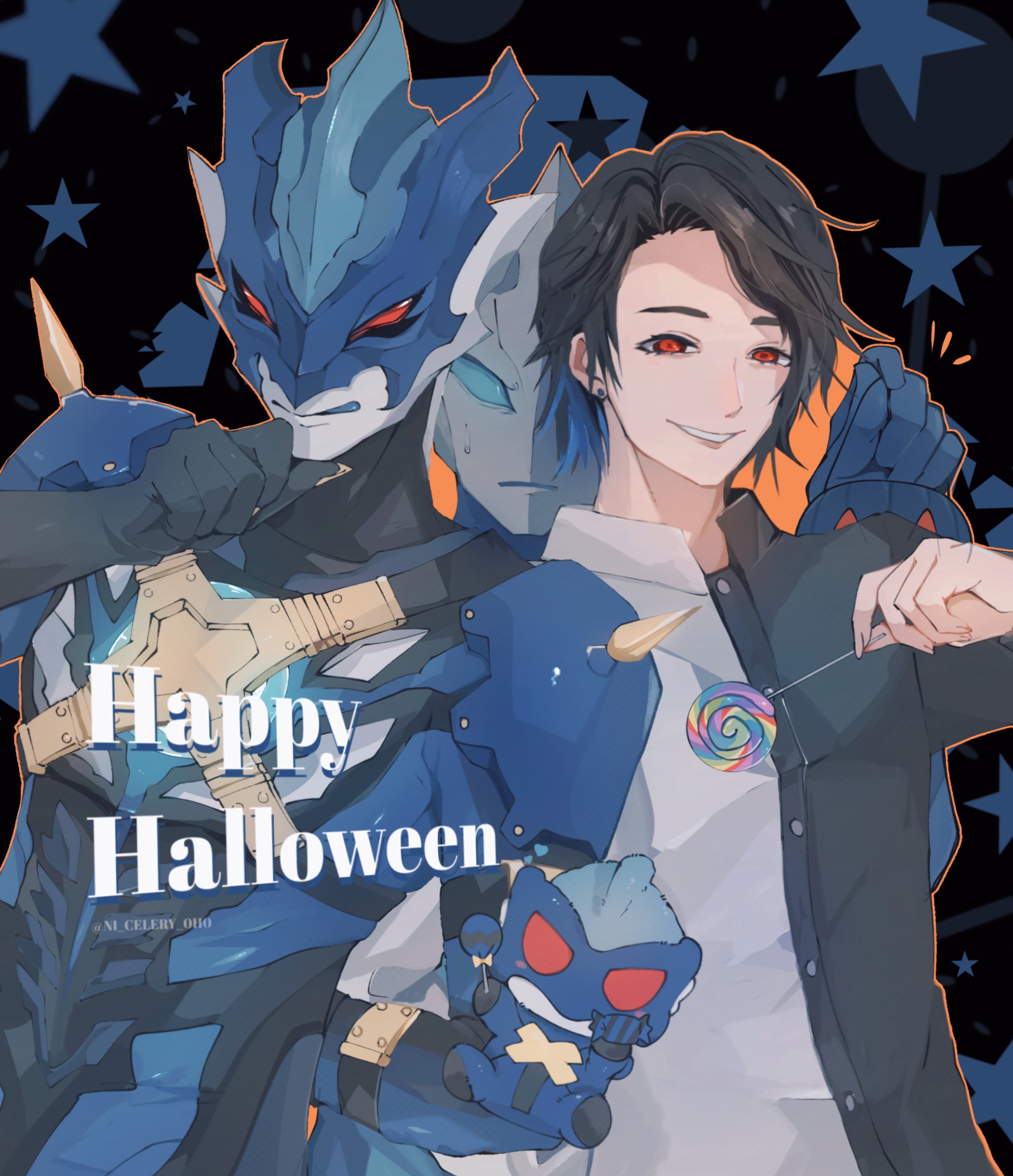 ni celery pk, kirisaki (ultraman taiga), ultraman tregear, tokusatsu, ultra series, ultraman taiga (series), absurdres, highres, 3boys, alien, armor, black gloves, black hair, black shirt, blue eyes, blue hair, blue mask, blue skin, color timer, colored inner hair, colored skin, ear piercing, earrings, gem, gloves, happy halloween, holding, horns, jewelry, male focus, multicolored hair, multicolored skin, multiple boys, multiple persona, no pupils, piercing, red eyes, shirt, shoulder armor, shoulder spikes, silver skin, smile, spikes, streaked hair, stud earrings, ultraman tregear early style, white shirt