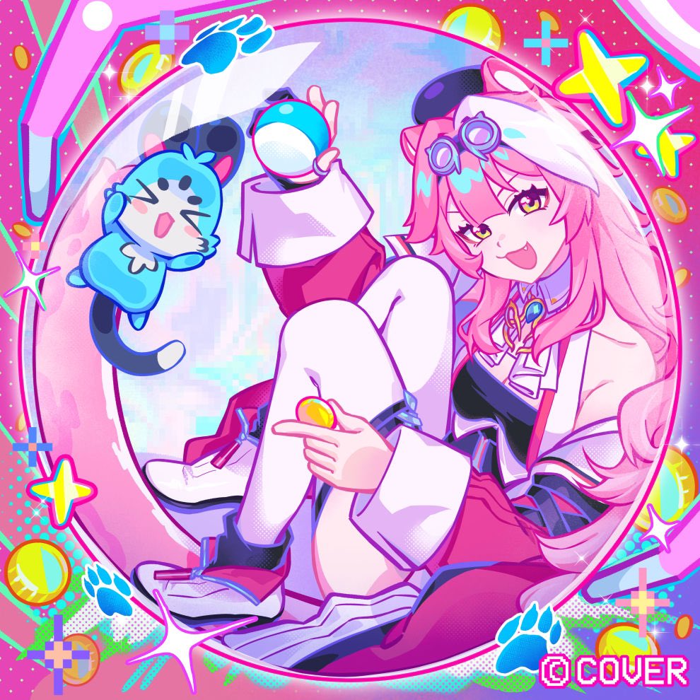 chattino (raora panthera), raora panthera, raora panthera (1st costume), hololive, commentary, english commentary, official art, > <, 1girl, :3, :d, album cover, animal, animal ears, blunt bangs, blush stickers, breasts, cleavage, cover, fang, full body, furrowed brow, gashapon, goggles, goggles on head, hair intakes, hampopi, long hair, looking at viewer, medium breasts, open mouth, panther ears, panther girl, paw print, pink hair, sitting, smile, solo, thighs, very long hair, xd, yellow eyes