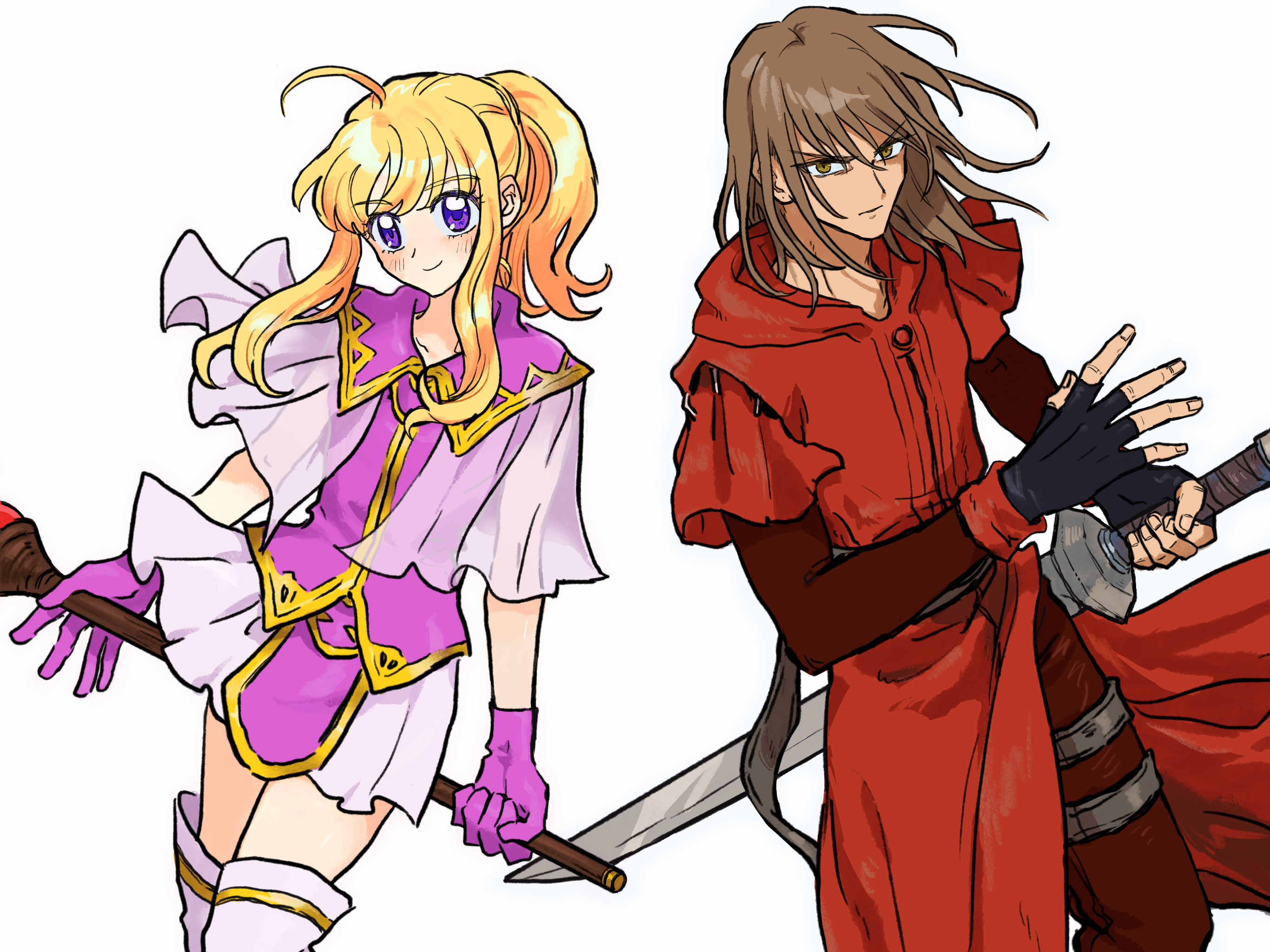 misoko (toomuchsushi), clarine (fire emblem), rutger (fire emblem), fire emblem, fire emblem: the binding blade, nintendo, highres, 1boy, 1girl, ahoge, arms at sides, blonde hair, brown eyes, brown hair, closed mouth, cowboy shot, dress, fingerless gloves, gloves, holding, holding staff, layered capelet, long hair, long sleeves, looking at viewer, pants, ponytail, purple dress, purple eyes, purple gloves, serious, sidelocks, simple background, smile, spread fingers, staff, sword, thighhighs, weapon, white background, zettai ryouiki