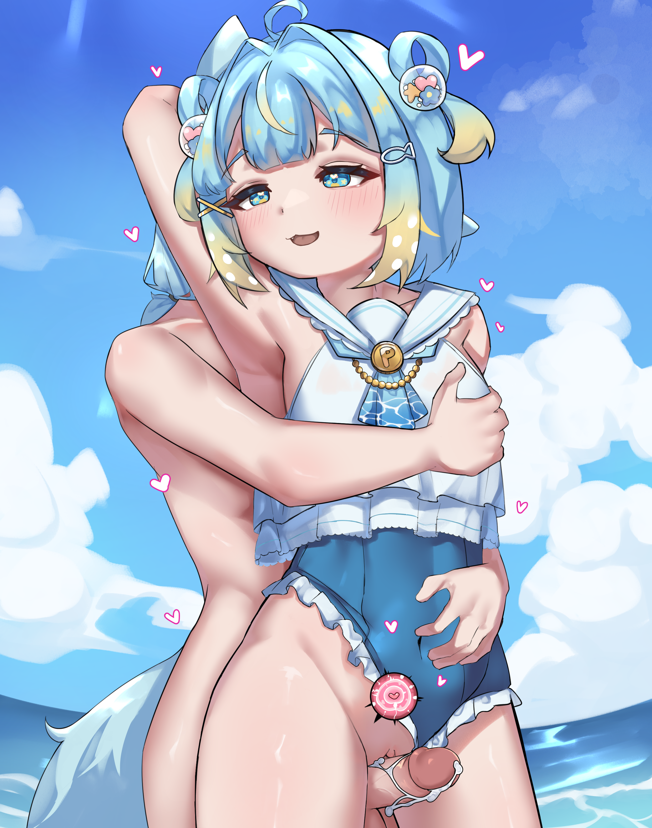 jahe png, penny puffball, re:loop!, commission, highres, 1boy, 1girl, after ejaculation, after vaginal, aftersex, belly, blue eyes, blue hair, blush, blush stickers, cloud, cloudy sky, cum, cum in pussy, erection, fish hair ornament, frills, hair ornament, hand on another's chest, impregnation, multicolored hair, navel, ocean, open mouth, penis, pussy, sex, short hair, sky, solo, sperm cell, swimsuit, tail, vaginal, virtual youtuber, water, x hair ornament