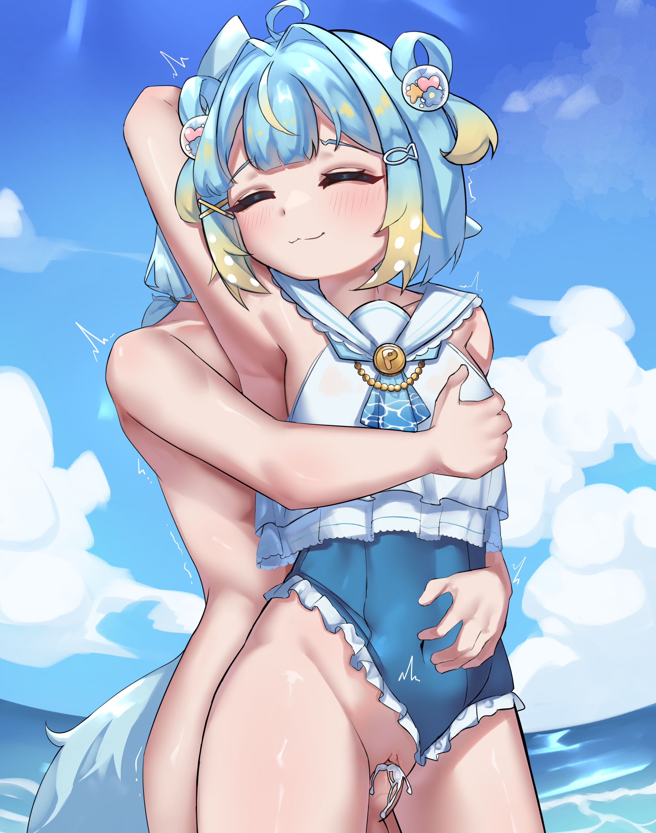 jahe png, penny puffball, re:loop!, commission, highres, 1boy, 1girl, belly, blue eyes, blue hair, blush, blush stickers, closed eyes, closed mouth, cloud, cloudy sky, cum, cum in pussy, erection, fish hair ornament, frills, hair ornament, hand on another's chest, multicolored hair, navel, ocean, one eye closed, penis, pussy, sex, short hair, sky, solo, swimsuit, tail, vaginal, virtual youtuber, water, x hair ornament