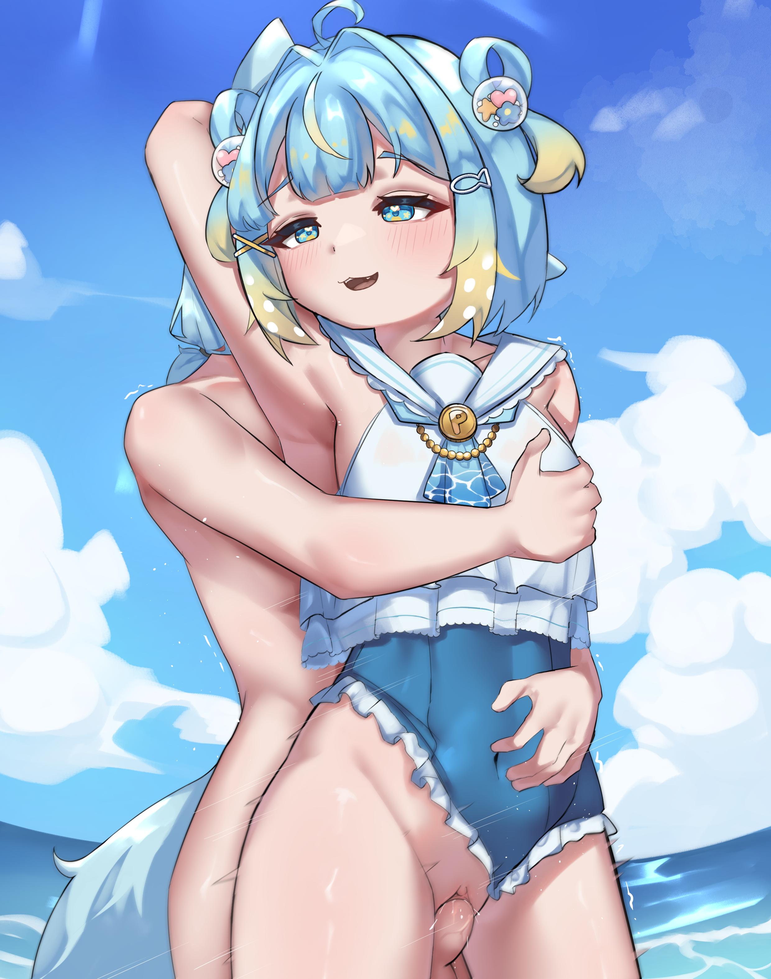 jahe png, penny puffball, re:loop!, commission, highres, 1boy, 1girl, belly, blue eyes, blue hair, blush, blush stickers, cloud, cloudy sky, erection, fish hair ornament, frills, hair ornament, hand on another's chest, motion blur, motion lines, multicolored hair, navel, ocean, one eye closed, open mouth, penis, pussy, sex, short hair, sky, solo, swimsuit, tail, vaginal, virtual youtuber, water, x hair ornament