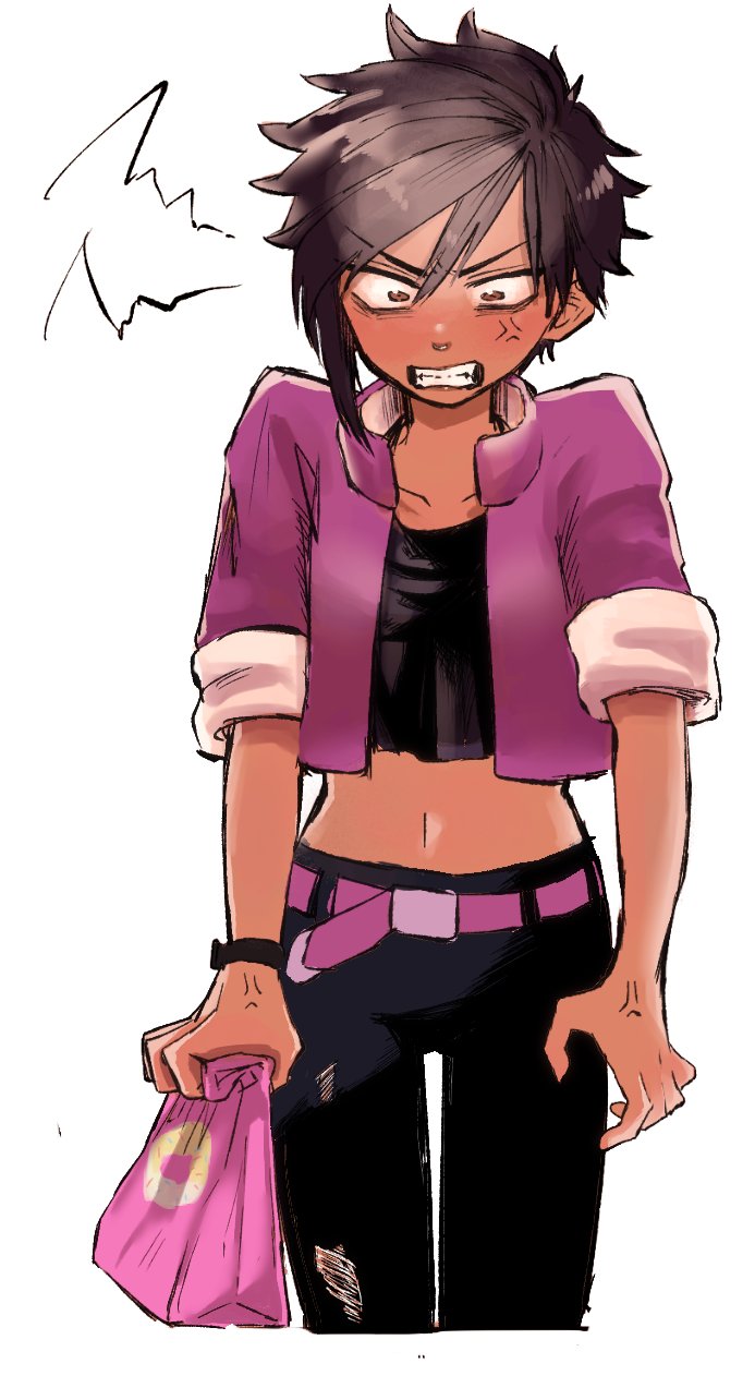 highres, anger vein, belt, brown eyes, dispatch, face piercing, invisigal, jacket, midriff, navel, nose piercing, piercing, pink jacket