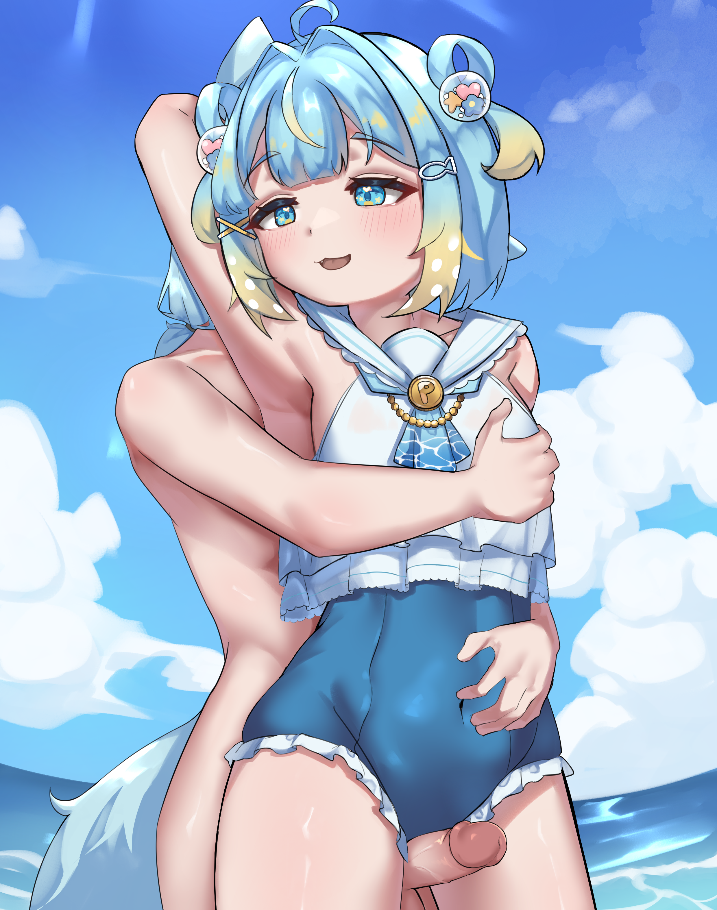 jahe png, penny puffball, re:loop!, absurdres, commission, highres, 1boy, 1girl, belly, blue eyes, blue hair, blush, blush stickers, cloud, cloudy sky, erection, fish hair ornament, frills, hair ornament, hand on another's chest, multicolored hair, navel, ocean, open mouth, penis, sex, short hair, sky, solo, swimsuit, tail, virtual youtuber, water, x hair ornament