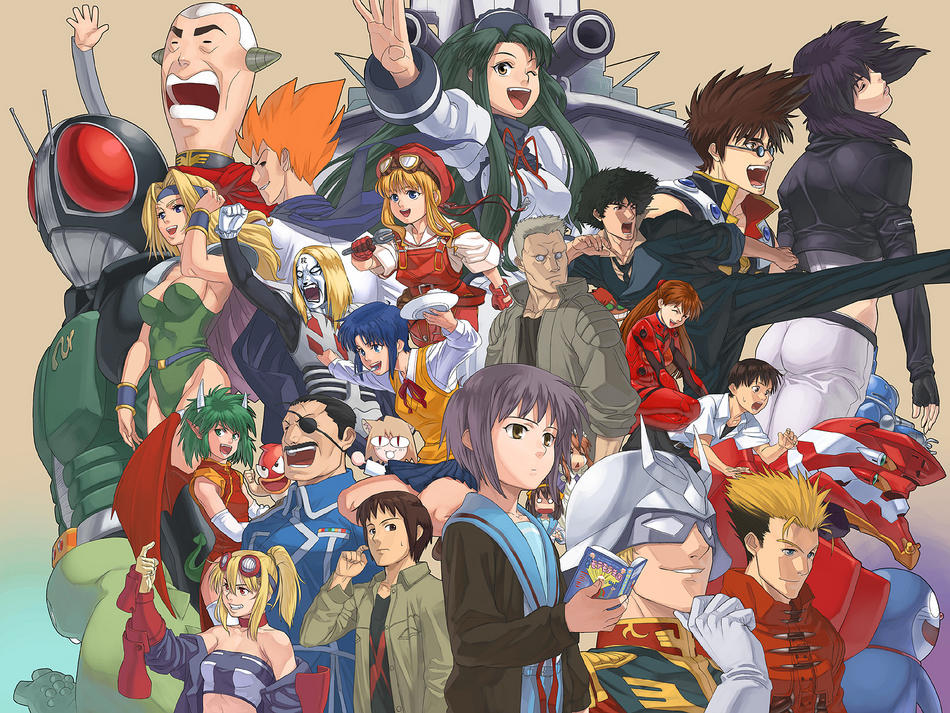 cowboy bebop, detroit metal city, doraemon, final fantasy, final fantasy vi, fullmetal alchemist, ghost in the shell, gundam, hayate no gotoku!, kamen rider, macross, macross 7, neon genesis evangelion, pyu to fuku! jaguar, suzumiya haruhi no yuuutsu, trigun, tsukihime, crossover, epic, everyone