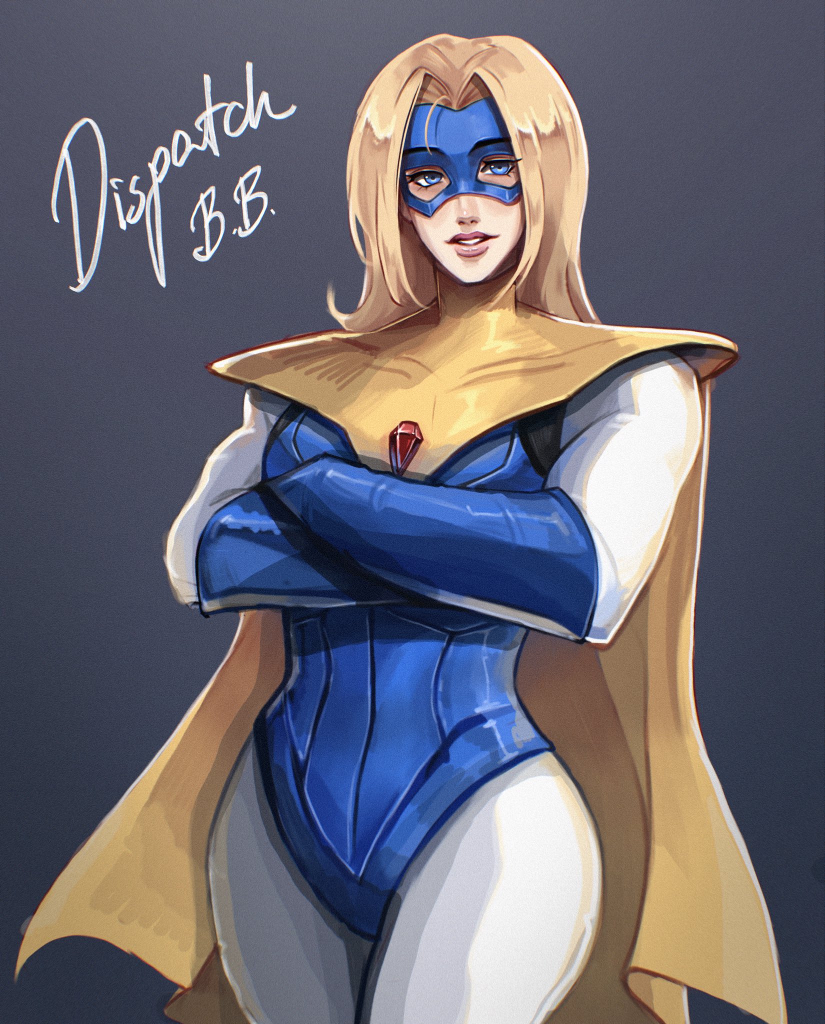 highres, blonde blazer, blonde hair, blue eyes, cape, dispatch, english text, gloves, leotard, mask
