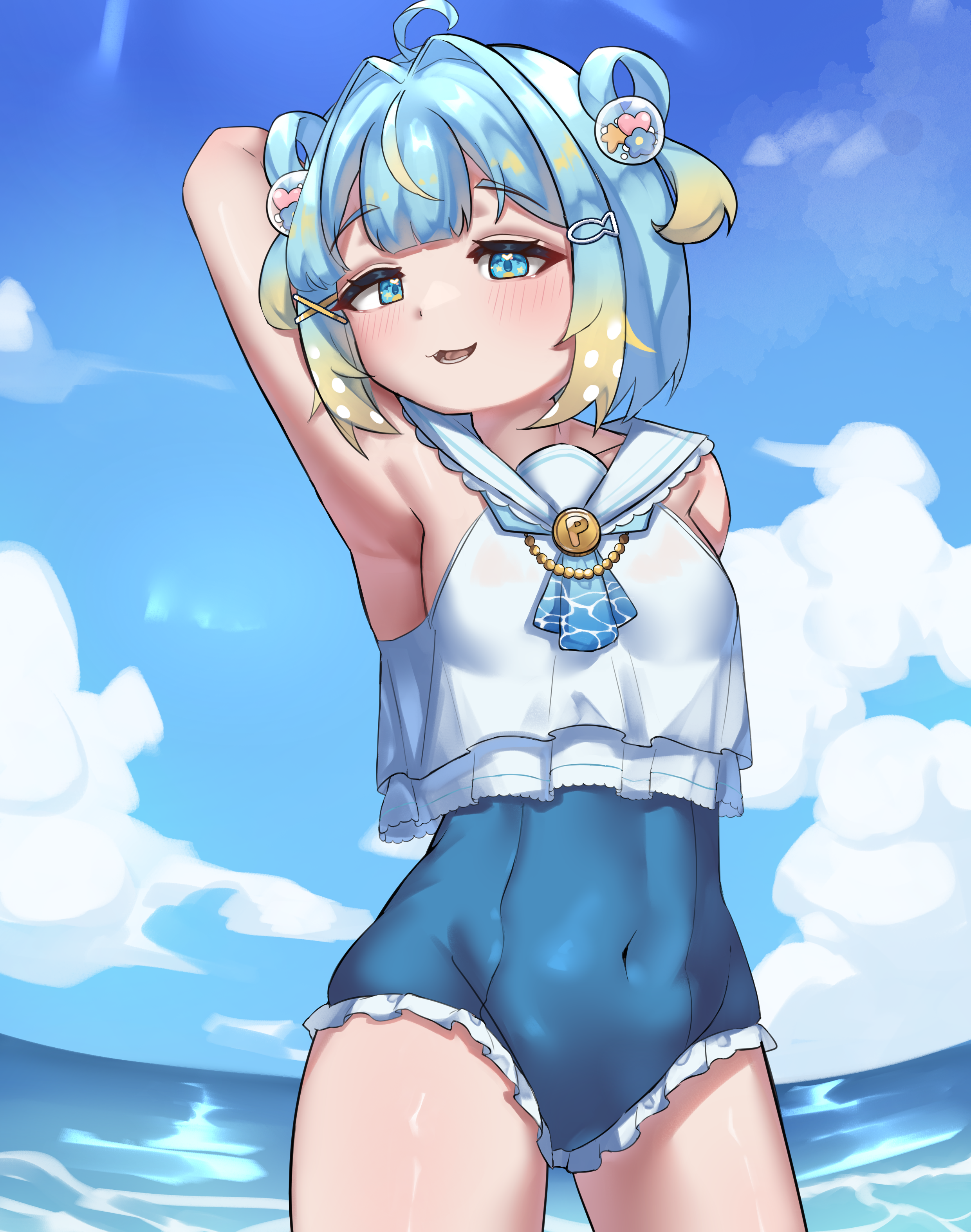jahe png, penny puffball, re:loop!, absurdres, commission, highres, 1girl, belly, blue eyes, blue hair, blush, blush stickers, cloud, cloudy sky, fish hair ornament, frills, hair ornament, looking at viewer, multicolored hair, navel, ocean, open mouth, short hair, sky, solo, swimsuit, virtual youtuber, water, x hair ornament
