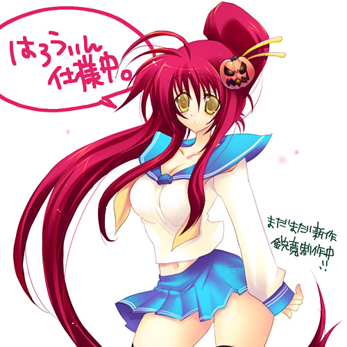 yoko littner, tengen toppa gurren lagann, lowres, 00s, 1girl, female focus, food-themed hair ornament, hair ornament, long hair, midriff, navel, ponytail, pumpkin, pumpkin hair ornament, red hair, school uniform, skirt, solo, white background, yellow eyes