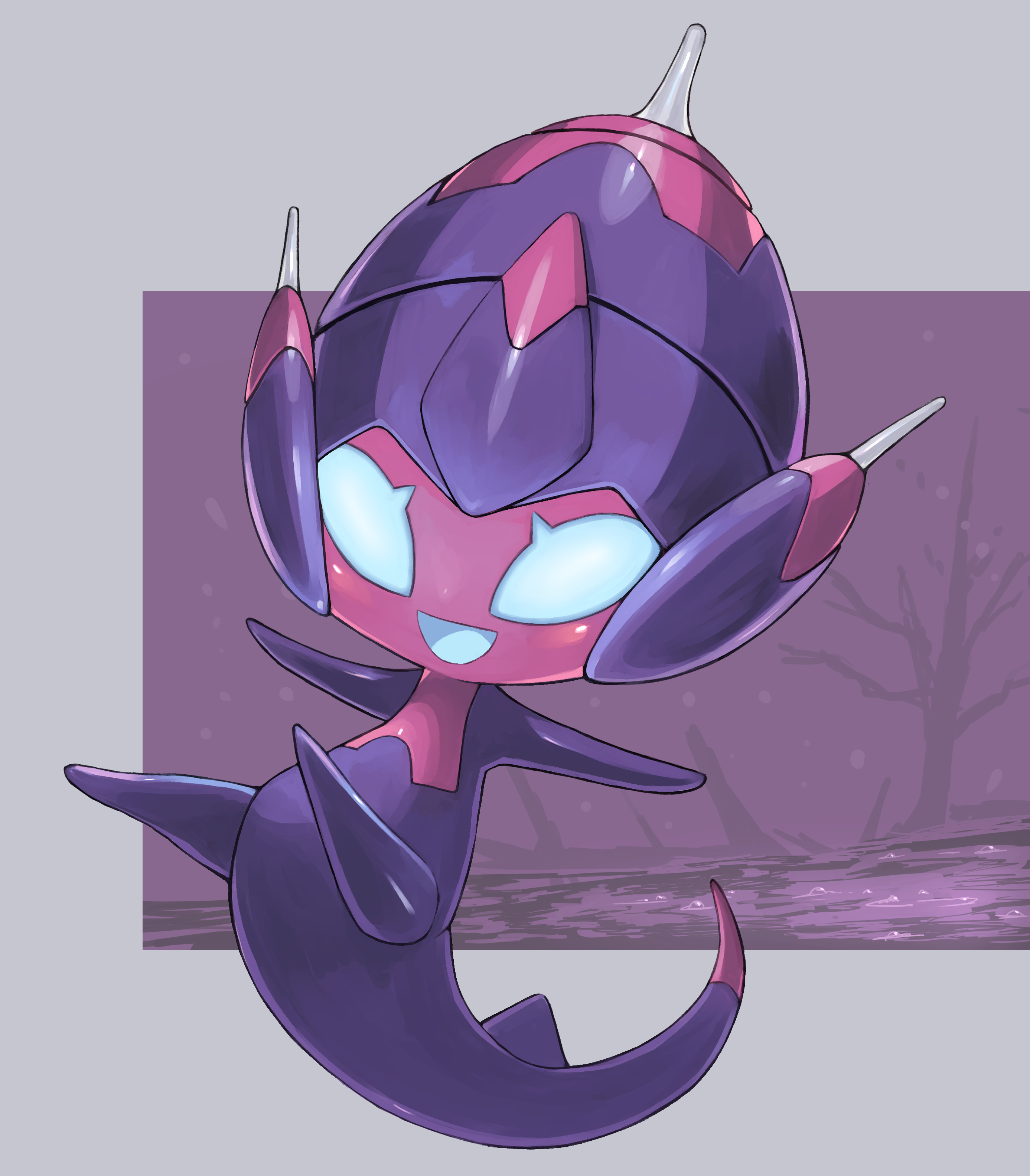 tesshii (riza4828), poipole, nintendo, pokemon, absurdres, commentary request, highres, bare tree, full body, gen 7 pokemon, no humans, open mouth, outstretched arms, pokemon (creature), pokemon focus, smile, solo, spread arms, tree, ultra beast