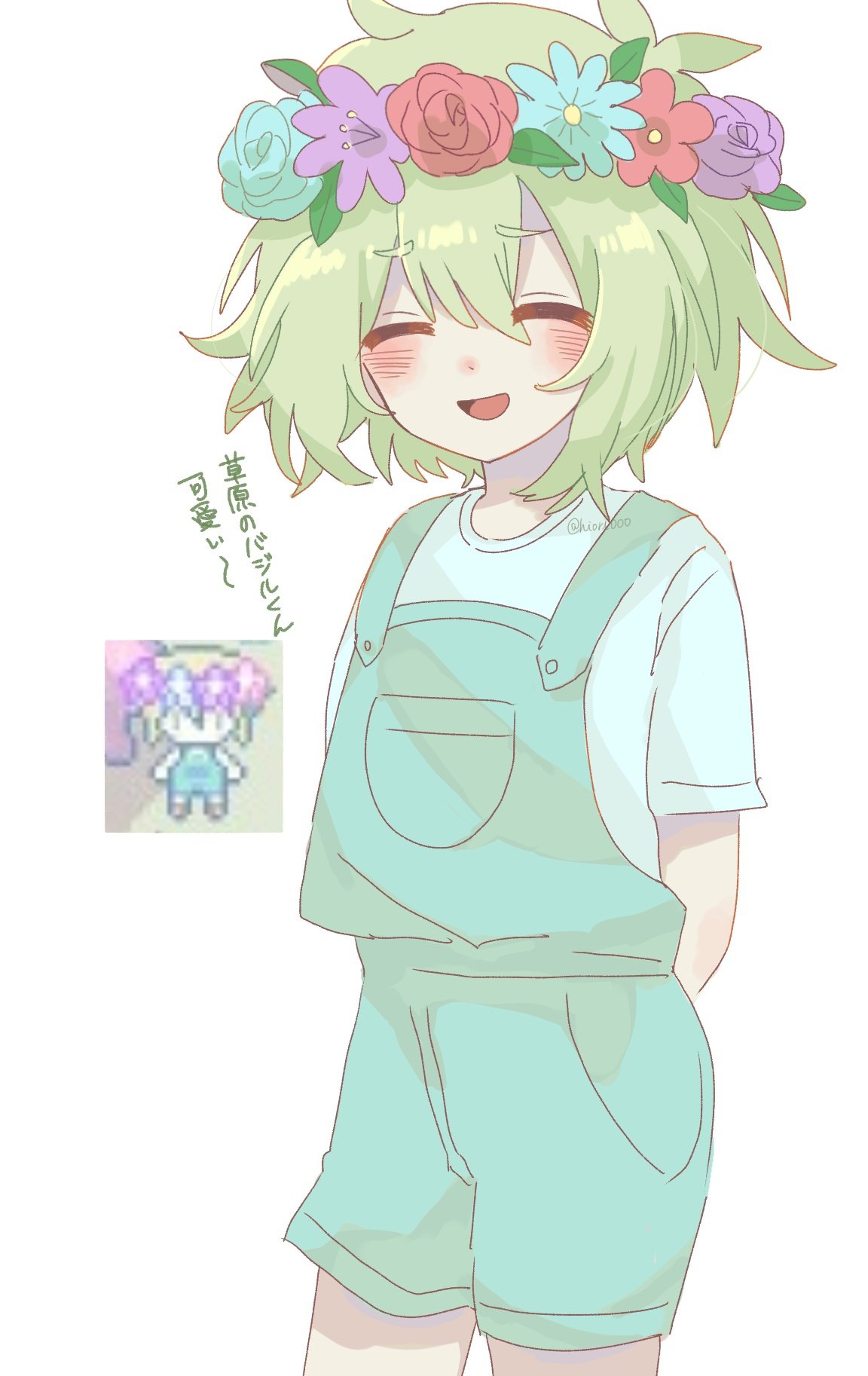 basil (headspace) (omori), basil (omori), omori, highres, translation request, 1boy, antenna hair, arms behind back, blue shirt, blush, closed eyes, double-parted bangs, flower, flower wreath, green hair, green overalls, hair between eyes, head wreath, hiori000, male focus, open mouth, overall shorts, overalls, reference inset, shirt, short hair, short sleeves, simple background, smile, solo, t-shirt, twitter username, white background