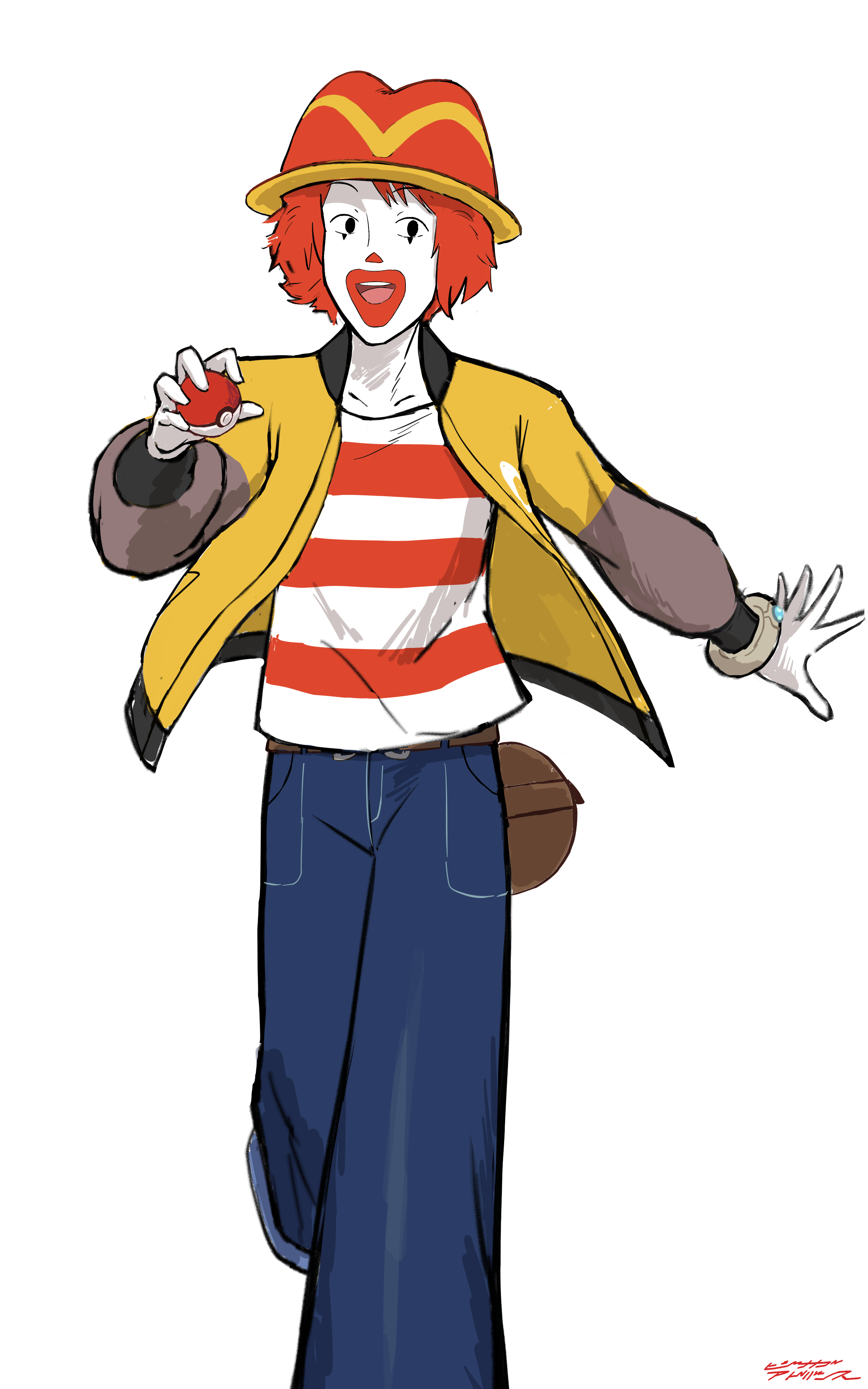 harmony (pokemon), ronald mcdonald, nintendo, pokemon, pokemon legends: z-a, absurdres, highres, 1girl, baggy pants, bracelet, clown, cosplay, denim, facepaint, hat, holding, holding poke ball, jacket, jeans, jewelry, looking to the side, open clothes, open jacket, pants, poke ball, red hair, red hat, ronald mcdonald (cosplay), shirt, striped clothes, striped shirt, trilby, user wfex5227, white background, yellow jacket