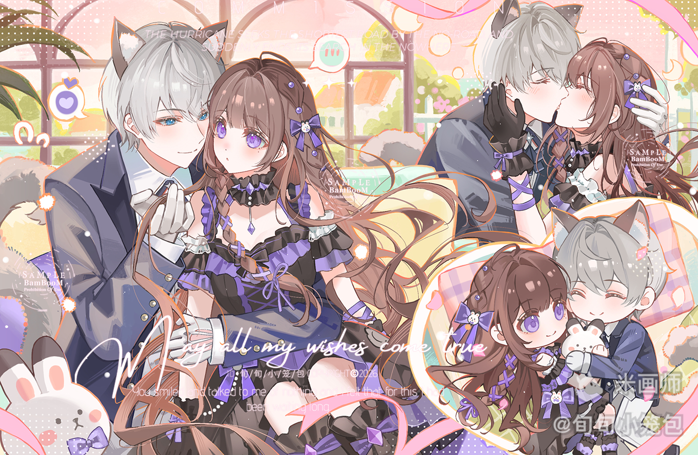 original, 1boy, 1girl, ^ ^, ahoge, animal ear fluff, animal ears, bare shoulders, black dress, black gloves, blue bow, blue jacket, bow, braid, brown hair, cat boy, cat ears, chibi, closed eyes, closed mouth, dress, gloves, green eyes, grey hair, hair bow, hetero, jacket, kiss, long hair, long sleeves, mihuashi username, multiple views, open clothes, open jacket, purple eyes, short hair, short sleeves, smile, watermark, white gloves, xun xun xiaolongbao