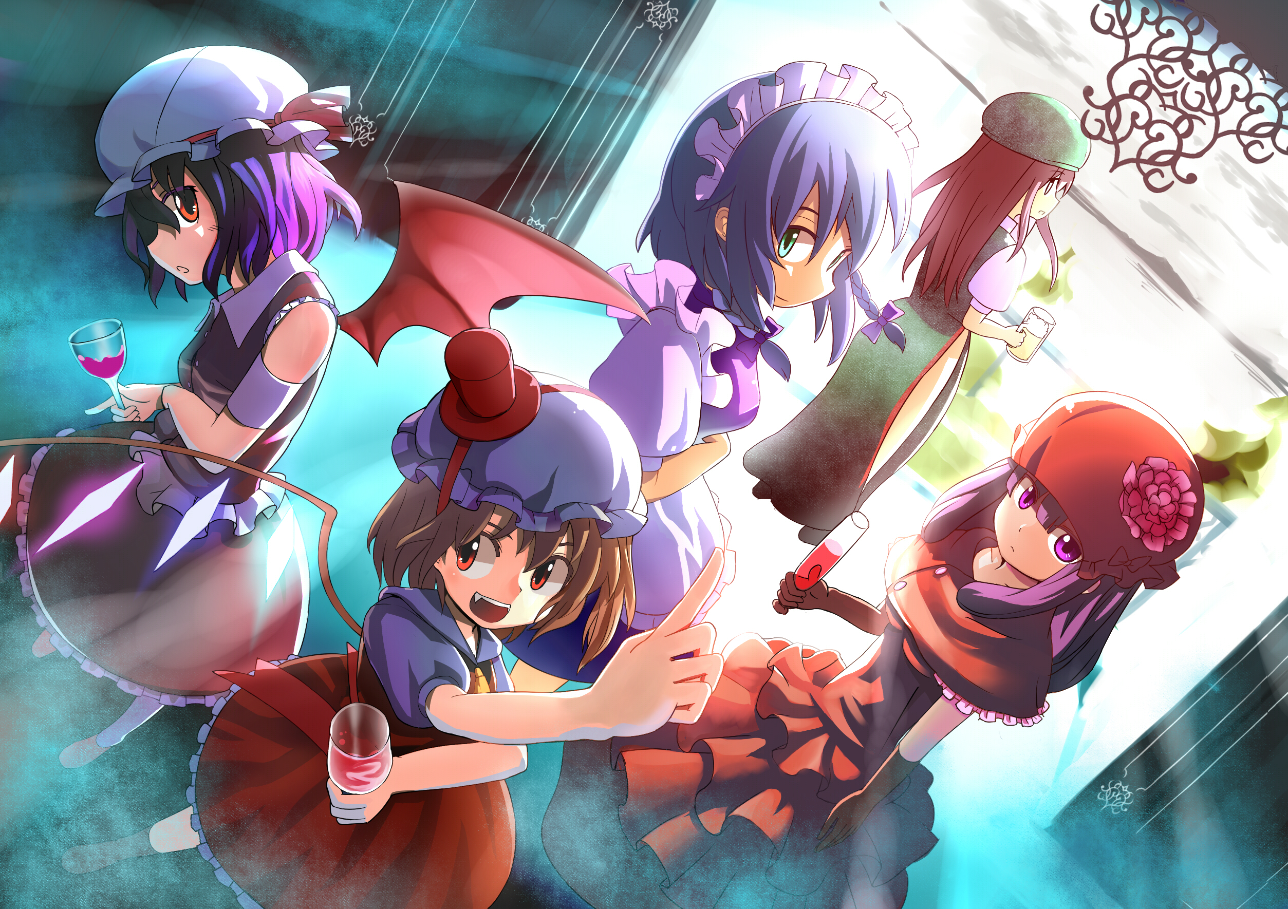 orga (pixiv), organ derwald, flandre scarlet, hong meiling, izayoi sakuya, patchouli knowledge, remilia scarlet, embodiment of scarlet devil, touhou, silver hair, bad id, bad pixiv id, highres, 5girls, alcohol, alternate costume, bat wings, blonde hair, braid, dress, female focus, flower, green eyes, hat, indoors, long hair, maid, multiple girls, nature, plant, purple eyes, purple hair, red eyes, red hair, short hair, skirt, sky, twin braids, wine, wings