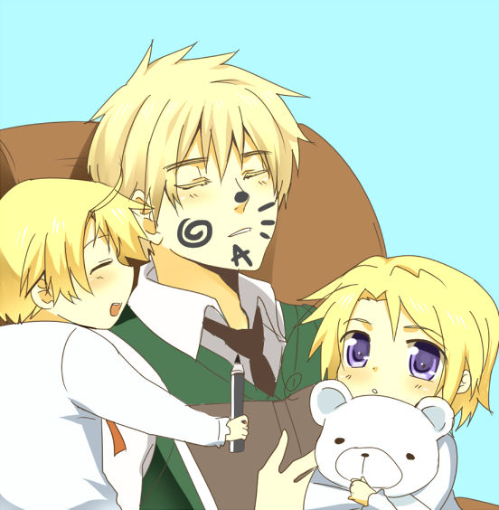 meru, america (hetalia), canada (hetalia), kumajirou (hetalia), united kingdom (hetalia), axis powers hetalia, scribble, 00s, 3boys, aged down, bear, blonde hair, book, facepaint, male focus, marker, multiple boys, polar bear, purple eyes, siblings, sleeping, stuffed animal, stuffed toy, teddy bear