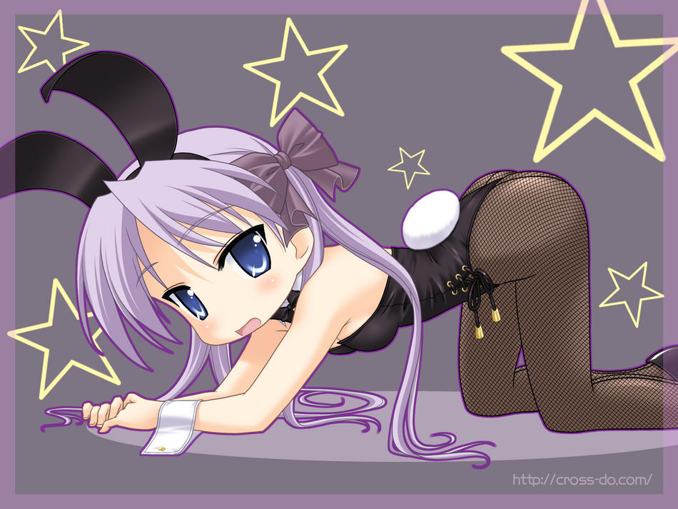 hiiragi kagami, lucky star, bunny girl, animal ears, blue eyes, bowtie, fishnets, pantyhose, playboy bunny, purple hair, rabbit ears, rabbit tail, tail