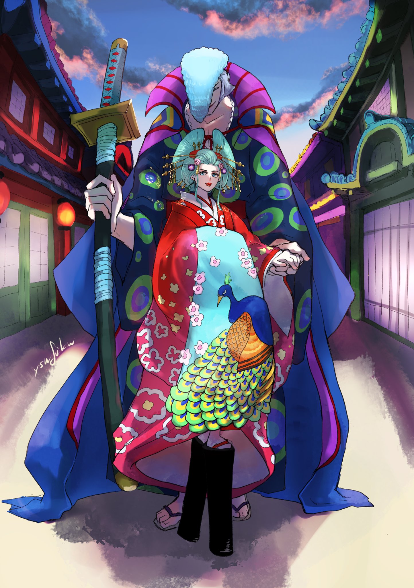 ysnfjkw, denjirou (one piece), kouzuki hiyori, one piece, commentary request, highres, 1boy, 1girl, aqua hair, datehyogo, full body, hair ornament, holding, holding hands, holding sword, holding weapon, japanese clothes, kanzashi, kimono, nihongami, oiran, outdoors, pompadour, red kimono, red lips, sandals, sidelocks, smile, sunset, sword, weapon, wide sleeves