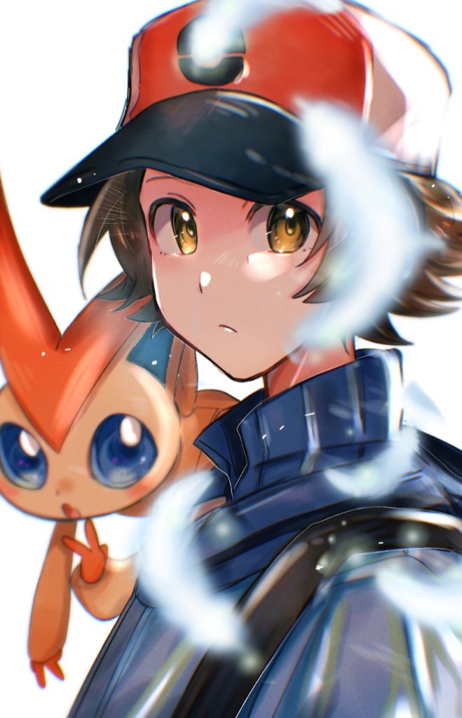 2mm92666017, hilbert (pokemon), victini, nintendo, pokemon, pokemon bw, commentary request, 1boy, blue eyes, blue jacket, blurry, brown eyes, brown hair, closed mouth, depth of field, falling feathers, feathers, gen 5 pokemon, hat, jacket, legendary pokemon, looking to the side, male focus, mythical pokemon, pokemon (creature), red hat, short hair, strap