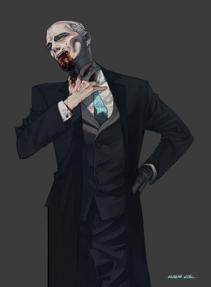 original, 1boy, black gloves, black suit, blood, blood from mouth, blood on hands, blue necktie, collared shirt, ctkcave, dress pants, ear piercing, formal clothes, gloves, grey background, grey vest, hand on own hip, hand on own neck, male focus, necktie, old, old man, open mouth, piercing, shirt, simple background, single glove, solo, suit, vest, white hair, white shirt, yellow eyes
