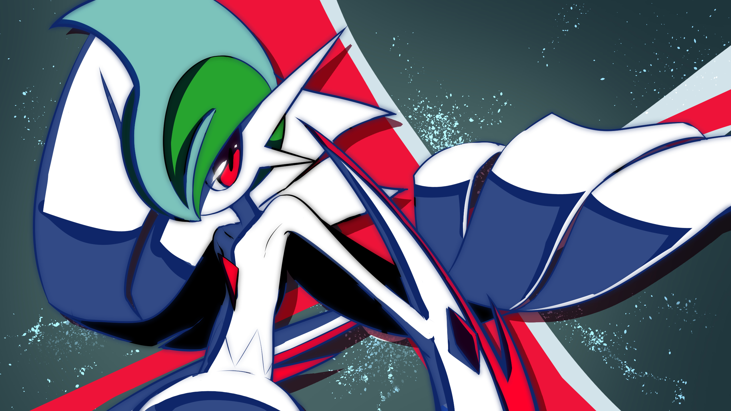 taiyaki (powan po40), gallade, mega gallade, nintendo, pokemon, highres, 1other, arm blade, cape, colored skin, cowboy shot, facing to the side, gen 4 pokemon, green background, green hair, high contrast, looking to the side, mega pokemon, mohawk, pokemon (creature), pokemon focus, red eyes, upper body, weapon, white cape, white skin, wide hips, wind