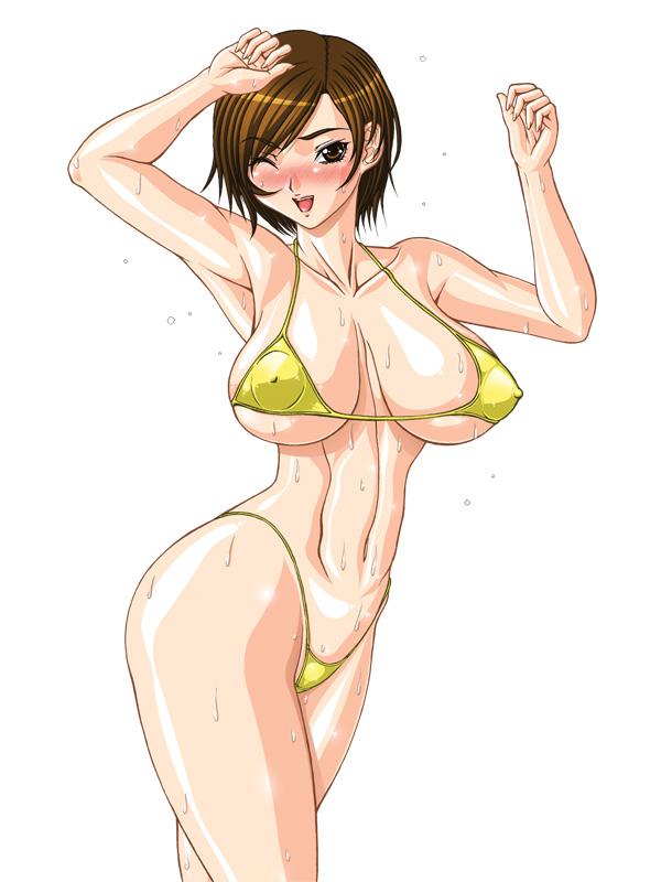 hinomoto reiko, rumble roses, bikini, blush, breasts, brown eyes, brown hair, covered erect nipples, huge breasts, micro bikini, open mouth, short hair, swimsuit, wet, wink