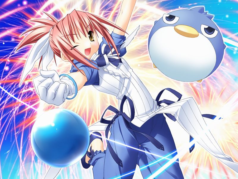 kannagi rei, suzumiya ringo, princess witches, game cg, 1girl, arms up, ball, bird, bracelet, female focus, gloves, hair ribbon, jewelry, jumping, one eye closed, open mouth, penguin, ponytail, red hair, ribbon, solo, wink, yellow eyes