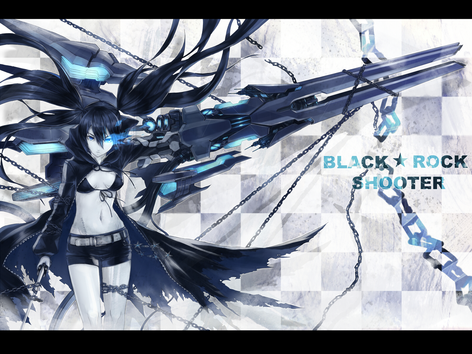 nidy, black rock shooter (character), black rock shooter, vocaloid, highres, 10s, 1girl, arm cannon, belt, bikini, bikini top only, black hair, blue eyes, chain, denim, denim shorts, energy gun, female focus, flat chest, front-tie top, gloves, glowing, glowing eyes, hood, jacket, katana, letterboxed, long hair, midriff, pale skin, scar, shorts, solo, star (symbol), stitches, swimsuit, sword, torn clothes, twintails, uneven twintails, very long hair, weapon, zipper