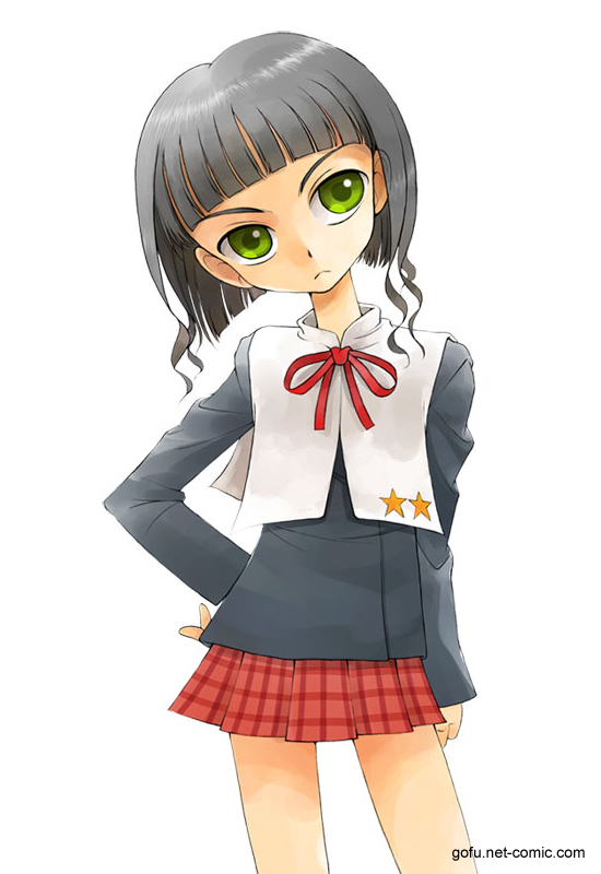 gofu, shouda sumire, gakuen alice, 00s, black hair, blunt bangs, bob cut, frown, green eyes, head tilt, plaid clothes, plaid skirt, school uniform, short hair, skirt, solo