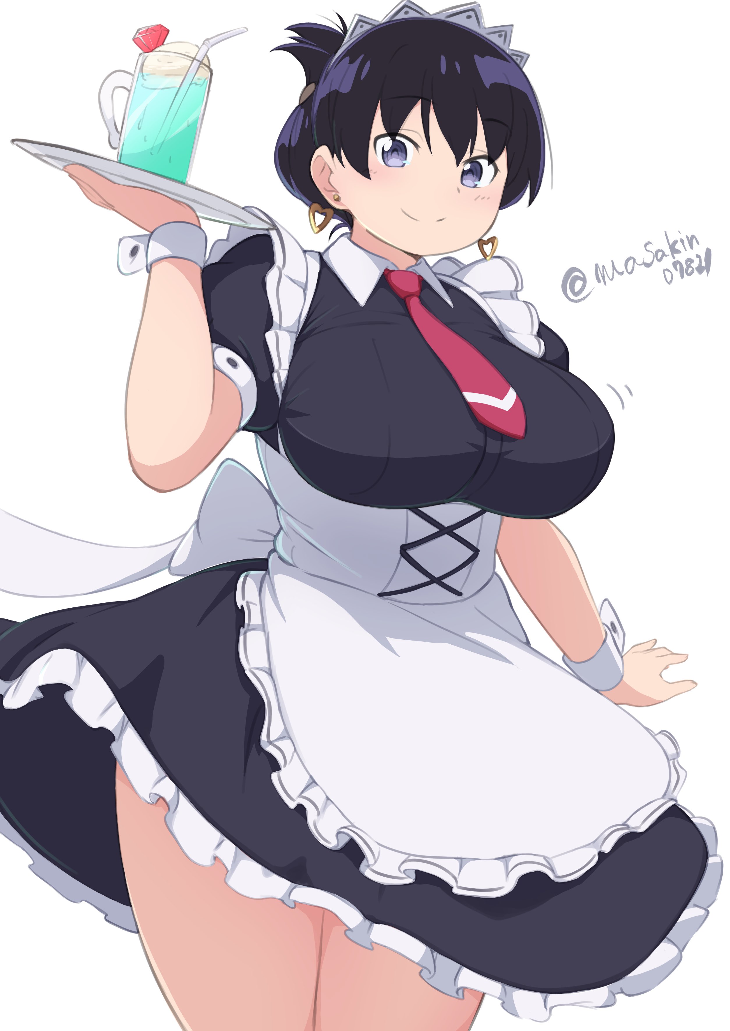 masakin, arato nagi, ruri no houseki, absurdres, highres, 1girl, apron, back bow, black dress, black hair, blue eyes, bow, breasts, chignon, cocktail, collared dress, corset, cup, dress, earrings, folded ponytail, frilled apron, frilled dress, frills, heart, heart earrings, holding, holding tray, huge breasts, jewelry, maid, maid headdress, necktie, purple eyes, smile, solo, standing, tray, twitter username, waitress, white apron, white background, white bow, wrist cuffs