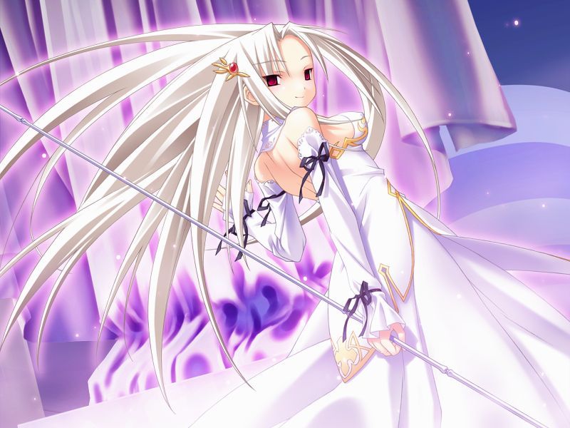 kannagi rei, kasuga karin, princess witches, game cg, 1girl, arms behind back, bare shoulders, detached sleeves, dress, female focus, hair ornament, hairpin, long hair, looking back, red eyes, ribbon, smile, solo, staff, white hair