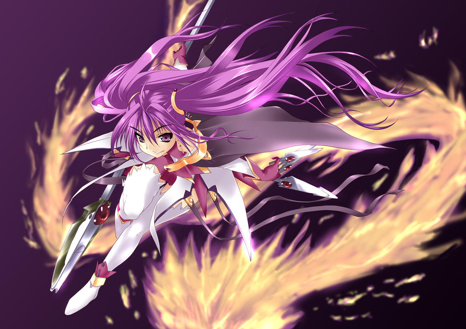 kagura tsukune, gae bolg (shinki musume), original, shinki musume, highres, 1girl, female focus, gloves, long hair, purple eyes, purple hair, solo, staff, thighhighs, twintails, zettai ryouiki