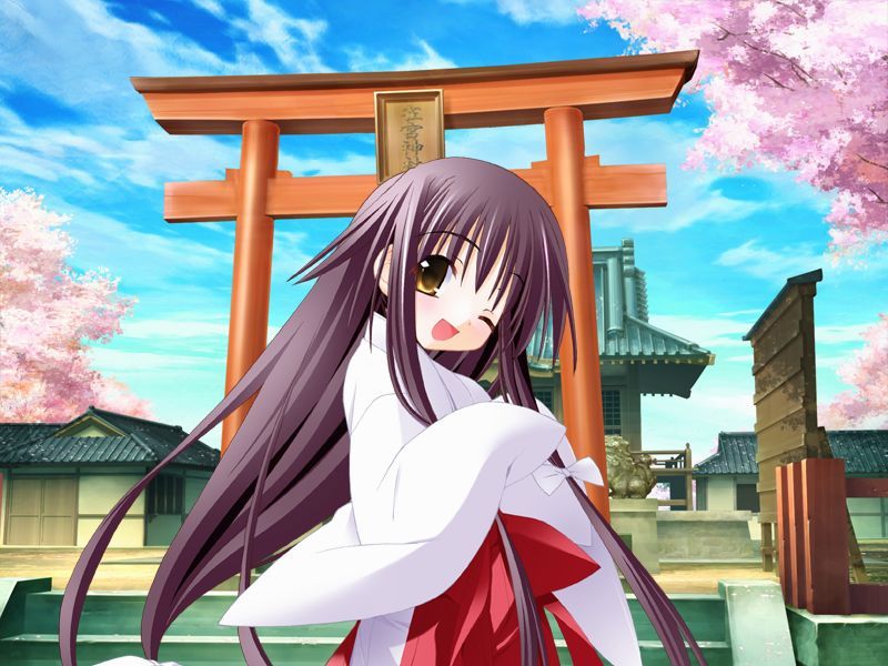 kannagi rei, suzusumiya ichigo, princess witches, game cg, jpeg artifacts, 1girl, black hair, cherry blossoms, cloud, day, female focus, japanese clothes, long hair, miko, one eye closed, ribbon, shrine, sky, smile, solo, torii, wink