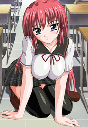 yasuno yoshiaki, takami hitomi, ane haramix, lilith-soft, plaid, lowres, official art, 00s, 1girl, arm support, black thighhighs, blue eyes, blush, breasts, classroom, covered erect nipples, desk, female focus, kneeling, large breasts, long hair, red hair, school, school uniform, shoes, skirt, smile, solo, thighhighs