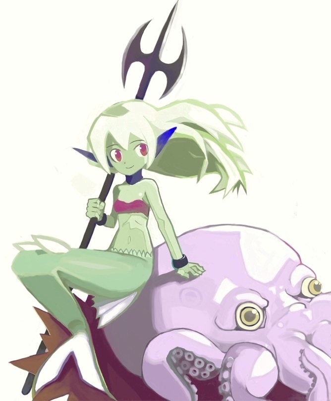 1girl, bandeau, choker, colored skin, cuffs, fins, floating hair, green hair, green skin, head fins, long hair, looking at viewer, mermaid, monster girl, octopus, pointy ears, polearm, red eyes, simple background, sitting, smile, trident, weapon, white background, white hair, yellow eyes