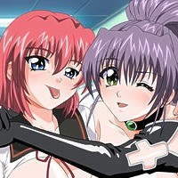yasuno yoshiaki, mina (ane haramix), takami hitomi, ane haramix, lilith-soft, lowres, official art, 00s, 2girls, :p, blue eyes, blush, breasts, choker, close-up, clothes lift, cross, elbow gloves, gloves, green eyes, hug, large breasts, long hair, medium breasts, multiple girls, one eye closed, ponytail, purple hair, red hair, school uniform, shirt lift, smile, tongue, tongue out, yuri