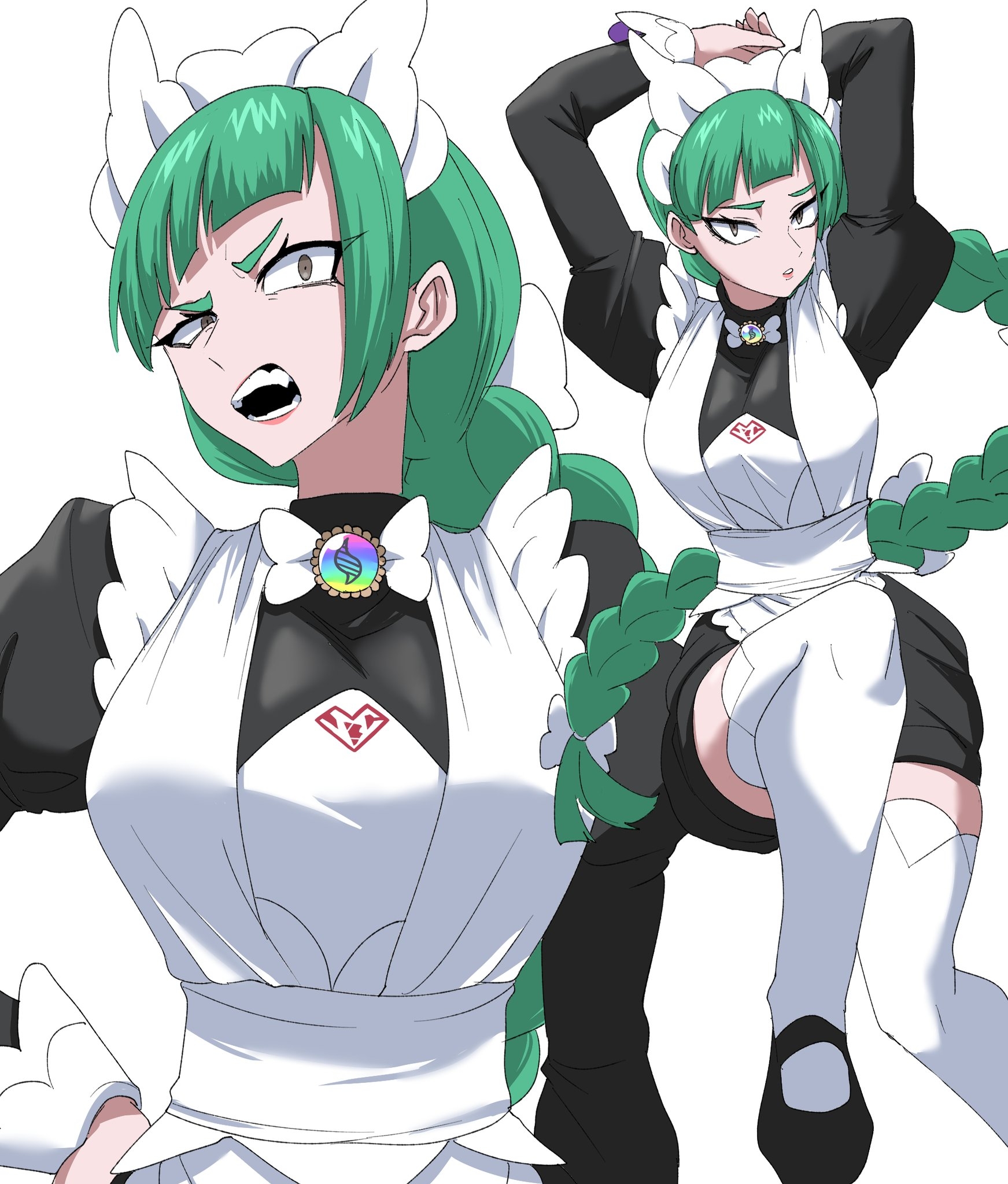 nasu (ilo a5), lebanne (pokemon), nintendo, pokemon, pokemon legends: z-a, commentary request, highres, 1girl, apron, black dress, braid, braided ponytail, brown eyes, dress, fang, green hair, juliet sleeves, long hair, long sleeves, looking at viewer, maid, maid apron, maid headdress, mega stone, multiple views, open mouth, puffy sleeves, thighhighs, very long hair, white background, white thighhighs