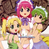 celia (little monica monogatari), may (little monica monogatari), tina (little monica monogatari), little monica monogatari, lowres, official art, 00s, 3girls, bare shoulders, blonde hair, breasts, cup, flat chest, green eyes, green hair, loli, looking at viewer, maid, multiple girls, navel, open clothes, open mouth, open shirt, orange eyes, panties, pink hair, pink panties, purple eyes, see-through clothes, shirt, short hair, siblings, sisters, size difference, smile, teapot, twintails, underwear