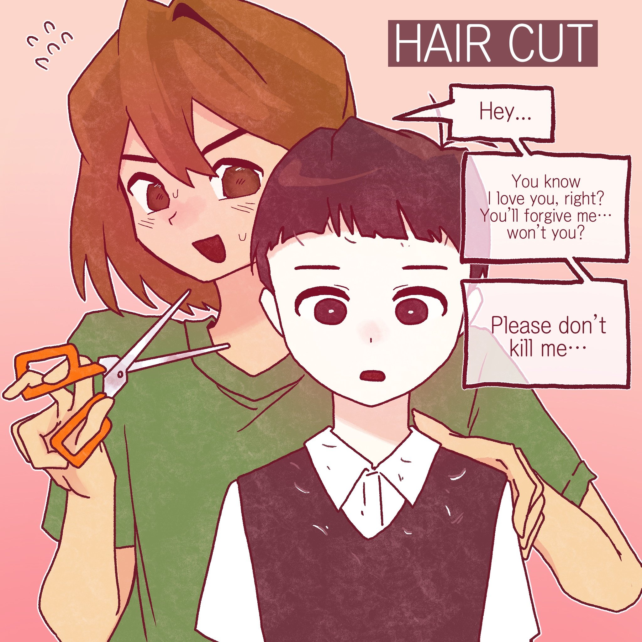 pyoppyop omori, kel (faraway) (omori), kel (omori), sunny (omori), omori, highres, 2boys, alternate costume, antenna hair, black eyes, black hair, black sweater vest, blush, bright pupils, brown eyes, brown hair, collared shirt, cutting hair, dark-skinned male, dark skin, double-parted bangs, english text, flying sweatdrops, green shirt, hair between eyes, holding, holding scissors, looking at another, male focus, multiple boys, open mouth, pink background, scissors, shirt, short hair, short sleeves, simple background, speech bubble, sweat, sweater vest, t-shirt, white pupils, white shirt