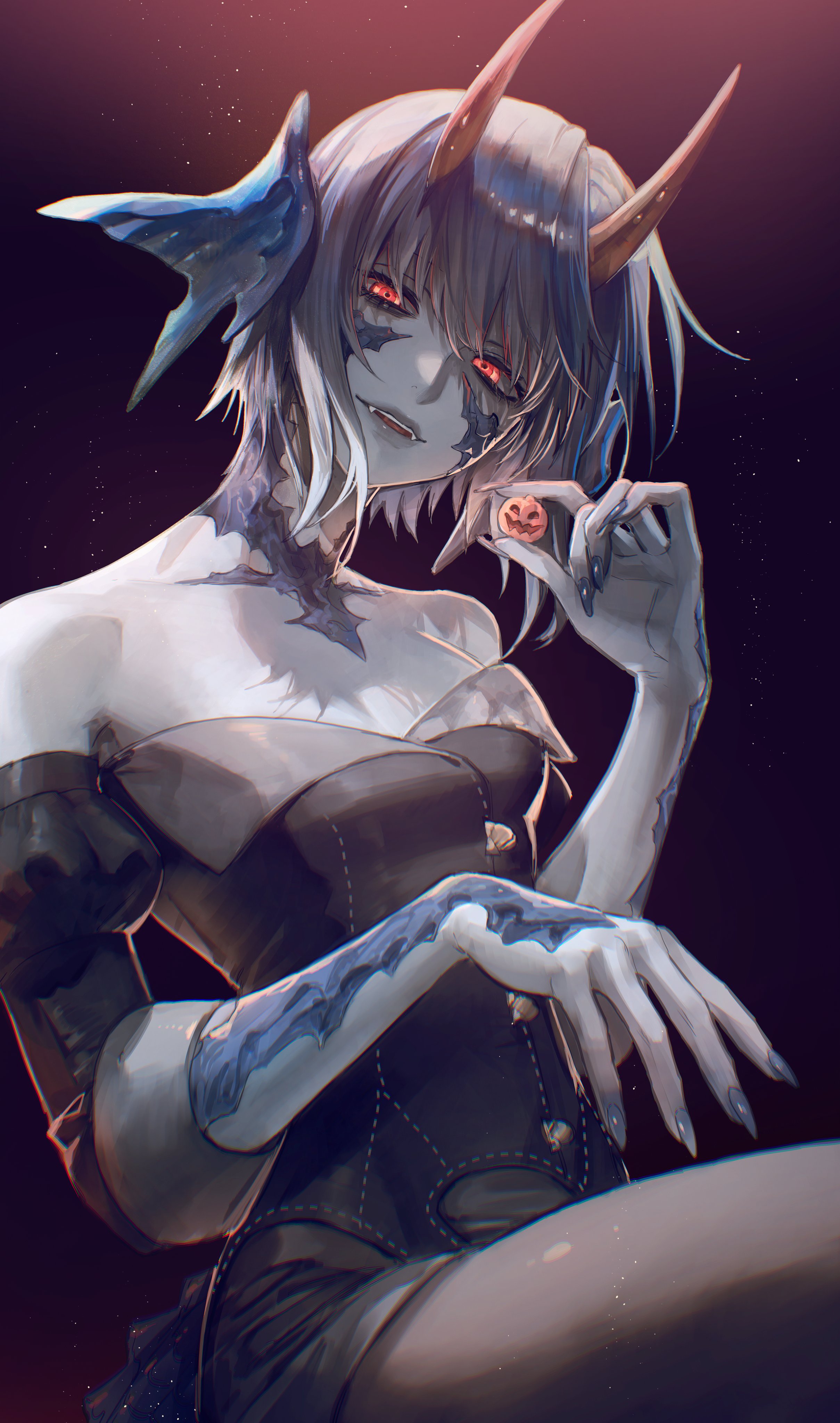 kurogorororo, warrior of light (ff14), final fantasy, final fantasy xiv, absurdres, commentary, highres, symbol-only commentary, 1girl, au ra, bare shoulders, black horns, black scales, black shirt, black skirt, black sleeves, black tail, blue hair, blue nails, breasts, candy, chromatic aberration, cleavage, colored skin, detached sleeves, fake horns, fangs, food, glowing, glowing eyes, grey skin, halloween costume, head tilt, holding, holding candy, holding food, horns, jack-o'-lantern, juliet sleeves, light particles, lips, lizard tail, long sleeves, looking at viewer, low horns, medium breasts, nail polish, pantyhose, parted lips, puffy sleeves, red eyes, red horns, scales, shirt, short hair, skirt, smile, solo, tail