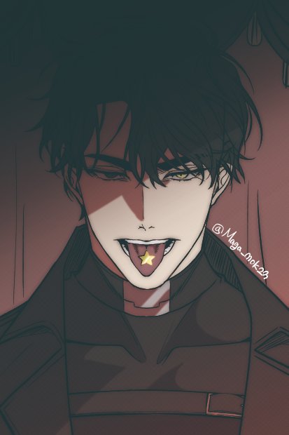maga mok23, yoo joonghyuk, omniscient reader's viewpoint, 1boy, black coat, black eyes, black hair, black shirt, coat, crew neck, curtained hair, heterochromia, looking at viewer, male focus, object on tongue, open clothes, open coat, partially shaded face, shirt, short hair, solo, star (symbol), tongue, tongue out, upper body, yellow eyes