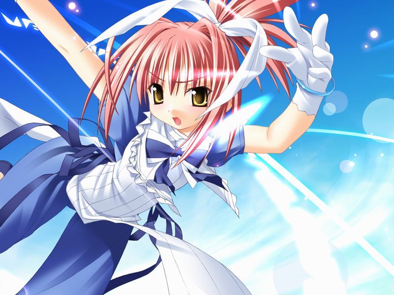 kannagi rei, suzumiya ringo, princess witches, game cg, 1girl, arms up, bent over, bracelet, day, female focus, flying, gloves, hair ribbon, jewelry, one eye closed, open mouth, ponytail, red hair, ribbon, sky, solo, wink, yellow eyes
