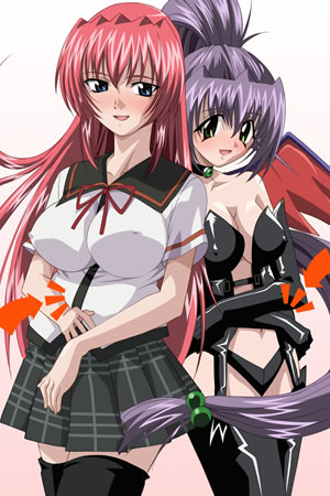 yasuno yoshiaki, mina (ane haramix), takami hitomi, ane haramix, lilith-soft, plaid, lowres, official art, 00s, 2girls, arrow (symbol), bat wings, black thighhighs, blue eyes, blush, breasts, choker, cleavage, covered erect nipples, crossed arms, demon girl, elbow gloves, garter belt, gloves, green eyes, hair bobbles, hair ornament, large breasts, long hair, multiple girls, ponytail, purple hair, red hair, school uniform, skirt, smile, thighhighs, very long hair, wings, yuri, zettai ryouiki
