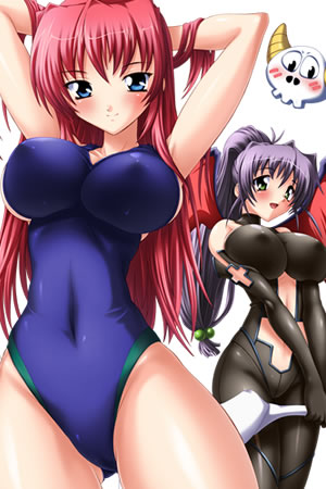 yasuno yoshiaki, mina (ane haramix), shinigami oyabin, takami hitomi, ane haramix, lilith-soft, lowres, official art, 00s, 2girls, adjusting hair, arms behind head, bat wings, blue eyes, blush, breasts, breasts squeezed together, competition swimsuit, cross, demon girl, demon wings, green eyes, hair bobbles, hair ornament, horns, large breasts, long hair, multiple girls, one-piece swimsuit, ponytail, purple hair, red hair, sideboob, skull, smile, swimsuit, wings, yuri