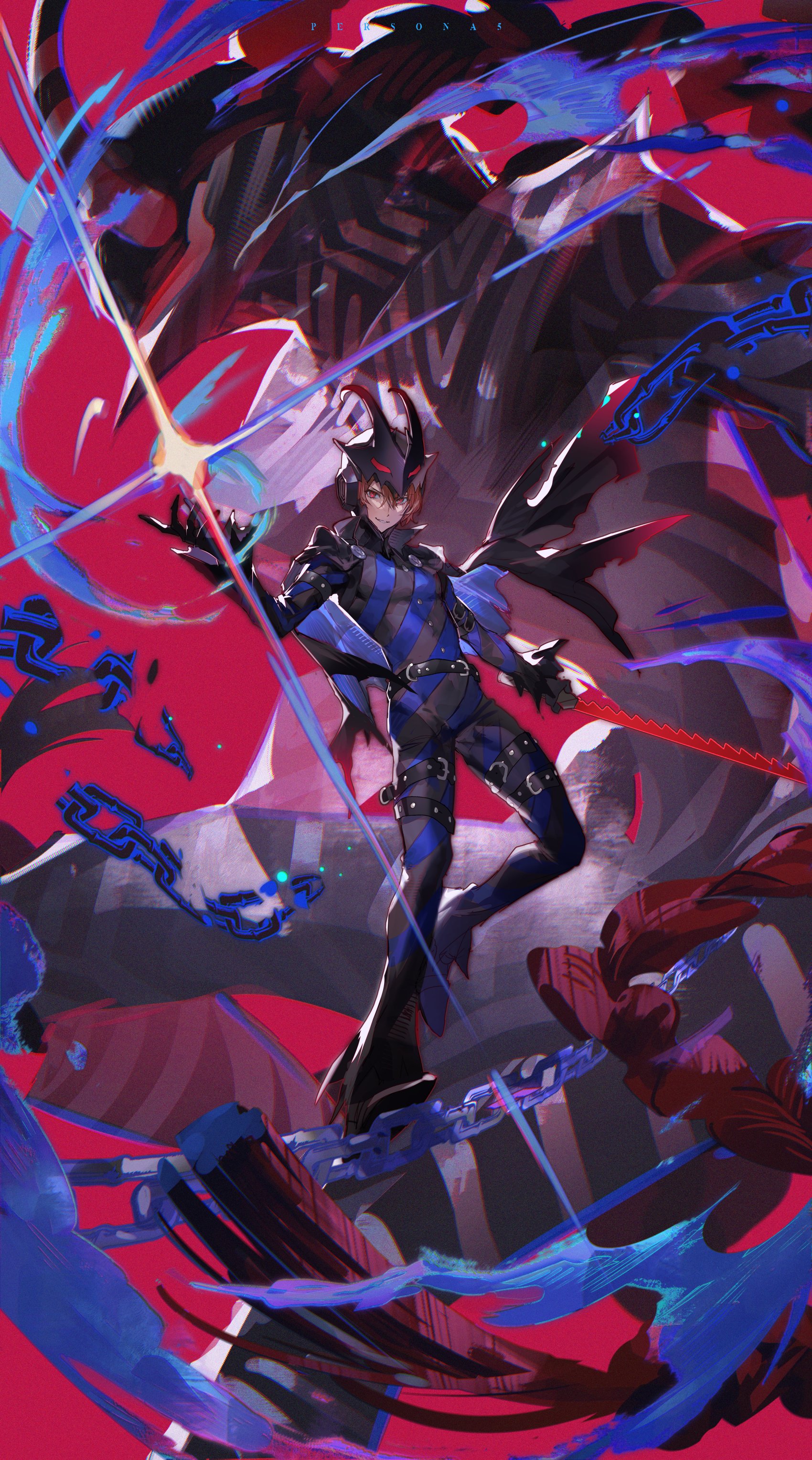 doran (doran7280), akechi gorou, black mask (persona 5), loki (persona 5), persona, persona 5, absurdres, commentary, english commentary, highres, 1boy, belt, black belt, black cape, black gloves, black mask, blue fire, broken, broken chain, brown hair, cape, chain, commentary typo, copyright name, fire, full body, gloves, hand up, looking at viewer, male focus, persona (summon), red background, red eyes, smile, striped bodysuit, torn cape, torn clothes