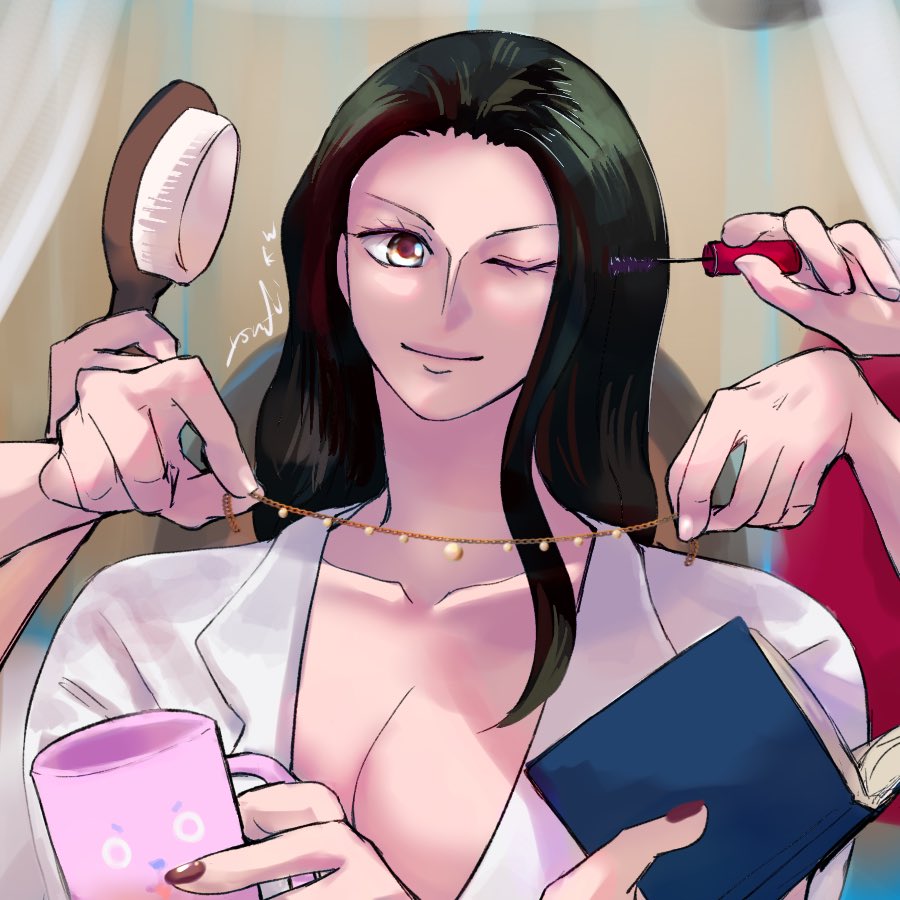 ysnfjkw, nico robin, one piece, commentary request, 1girl, applying makeup, black hair, book, breasts, brown eyes, cleavage, closed mouth, collared shirt, cup, extra arms, eyelashes, hair slicked back, holding, holding book, holding brush, holding cup, jewelry, long hair, one eye closed, shirt, smile, solo, upper body, white shirt