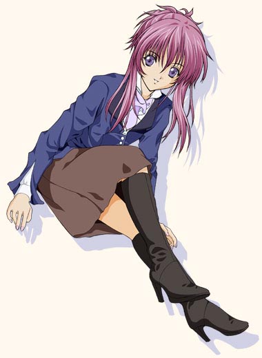 chikage (sister princess), sister princess, 00s, 1girl, boots, female focus, high heel boots, high heels, long sleeves, looking at viewer, pink hair, purple eyes, shoes, simple background, sitting, skirt, solo, white background