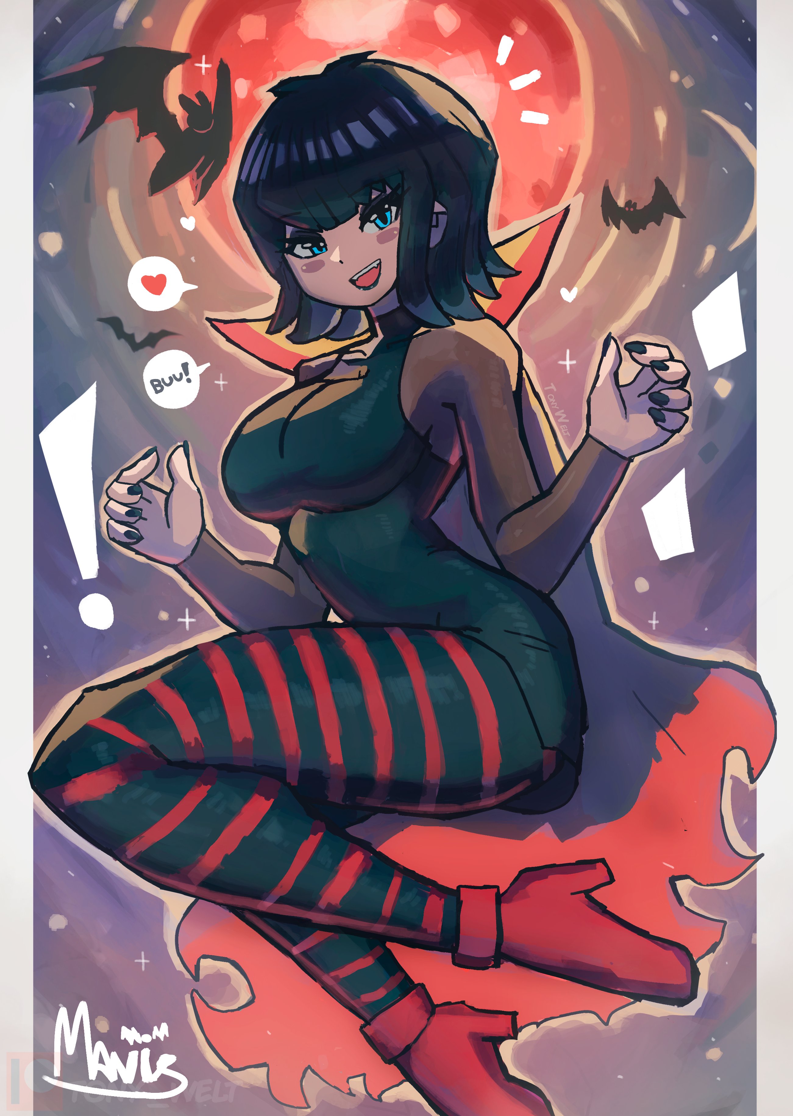 tony welt, mavis dracula, hotel transylvania, absurdres, commentary, highres, symbol-only commentary, 1girl, animification, bat (animal), black dress, black hair, black lips, black nails, blue eyes, breasts, bridal gauntlets, cape, dress, fangs, fishnet bridal gauntlets, fishnet sleeves, fishnets, gloves, goth fashion, high heels, lipstick, looking at viewer, makeup, medium breasts, open mouth, pantyhose, red cape, red shoes, see-through clothes, see-through sleeves, sheer gloves, shoes, short hair, smile, solo, speech bubble, striped clothes, striped leggings, striped pantyhose, striped thighhighs, thighhighs, vampire, vampire costume