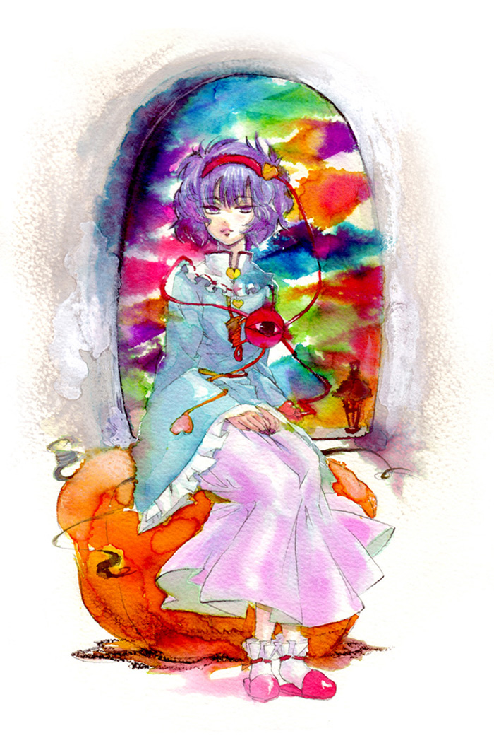 koyomiuta, komeiji satori, touhou, bad id, bad pixiv id, painting (medium), traditional media, watercolor (medium), 1girl, female focus, full body, pink hair, sitting, slippers, solo